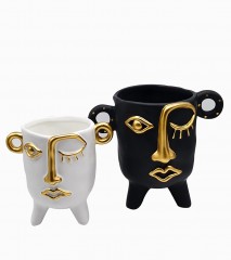 CERAMIC PLANTER FACE WHITE BLACK GOLDEN EYE SET 2 